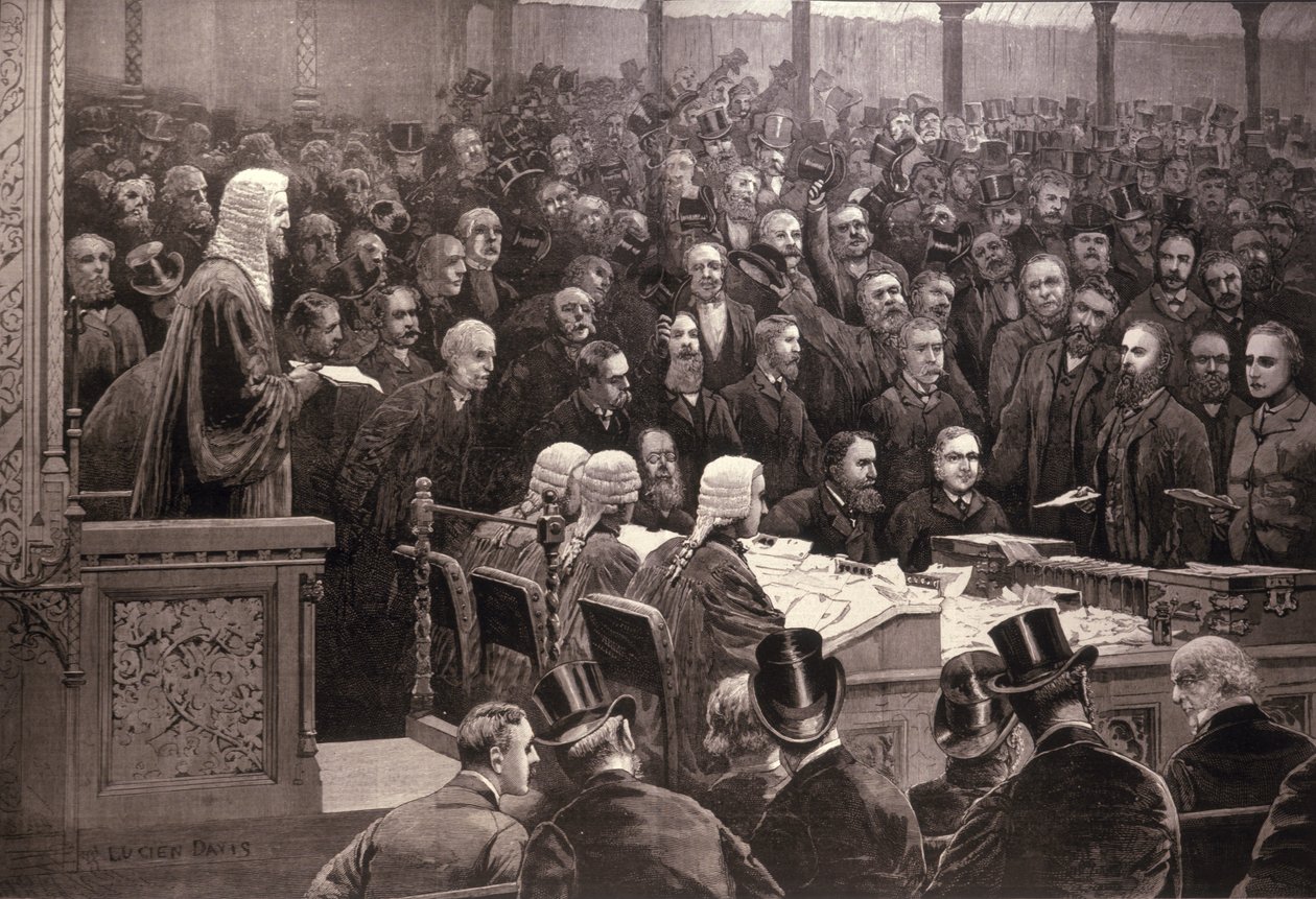 Az Alsóház osztálya az ír otthoni szabály kérdésével kapcsolatban: „Az igen; 311, a Noes; 341”, a „The Illustrated London News”-ból, 1886. december 6. alkotó: English School