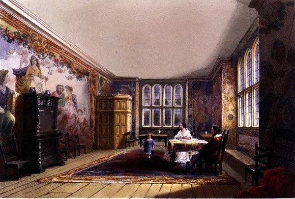 A szalon, Cotehele ház, 1830-40 körül (színes litográfia) alkotó: English School