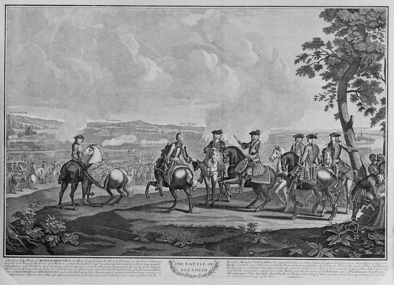 Marlborough hercege (1650-1722) és munkatársai a blenheimi csatában 1704. augusztus 13-án, 1704 körül (vonalmetszet) alkotó: English School