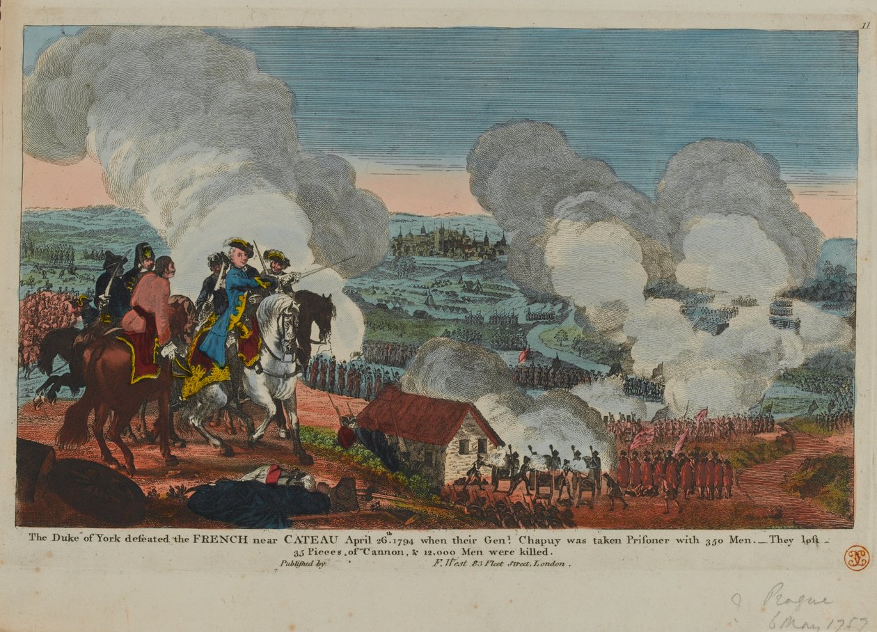 York hercege (1763-1827) legyőzte a franciákat Cateau közelében, 1794. április 26-án, F. West által 1834-ben megjelent hétéves háborús jelenetekből. alkotó: English School