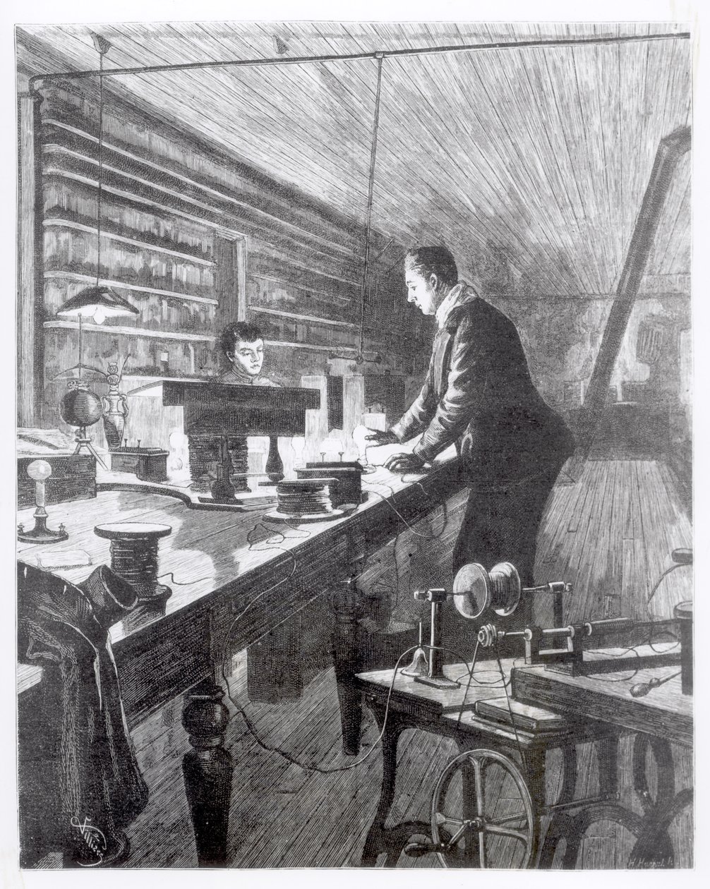 Az elektromos fény, Mr. Edison (1847-1931) a laboratóriumában alkotó: English School