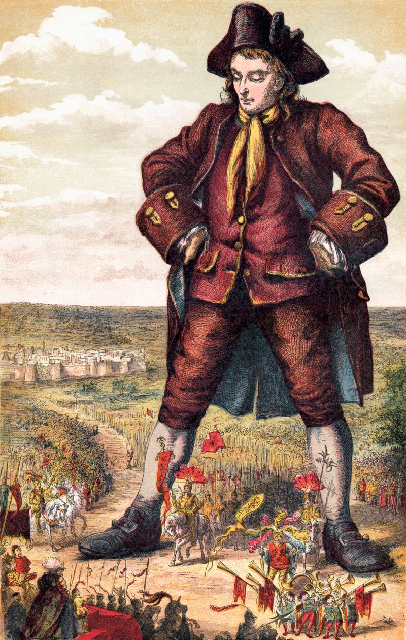 Lilliput császára és serege Gulliver lábai között menetelve, Jonathan Swift Gulliver utazásai című művéből, 1880 körül (színes litó) alkotó: English School
