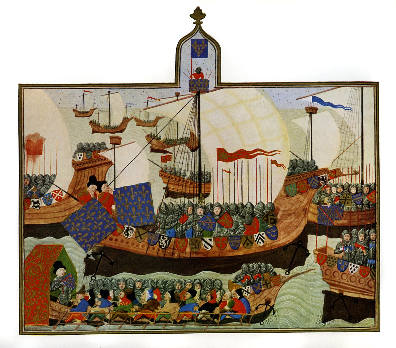 A franciák és a genovaiak expedíciója a Barbár-szigetekre, Froissart krónikáiból, illusztrálva "Az európai lovagkor krónikása" című kötetben. alkotó: English School