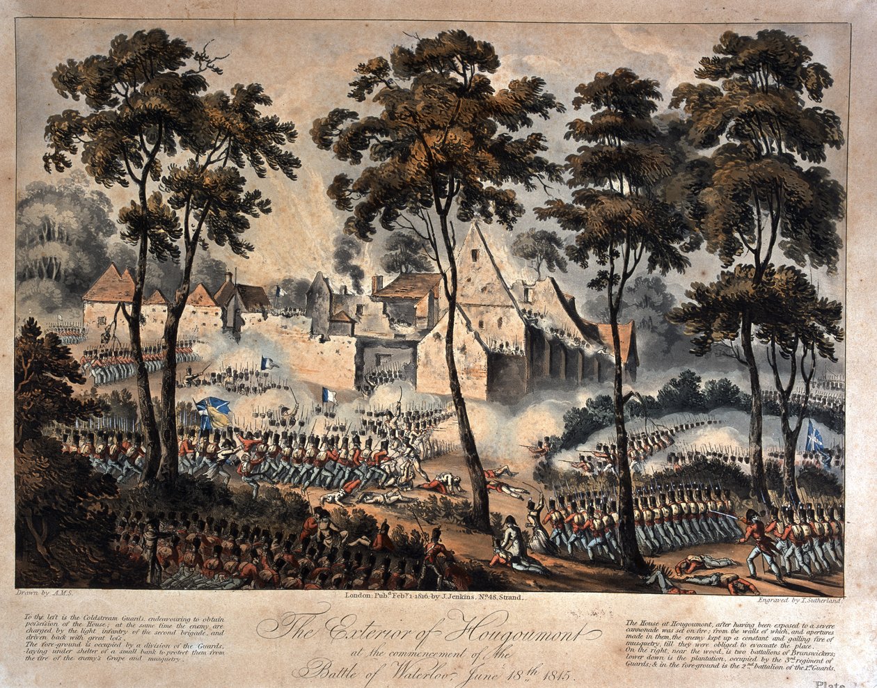 Hougoumont külseje a waterlooi csata kezdetén, 1815. június 18-án, T. Sutherland metszetével, 1816-ban megjelent (akvatinta) alkotó: English School
