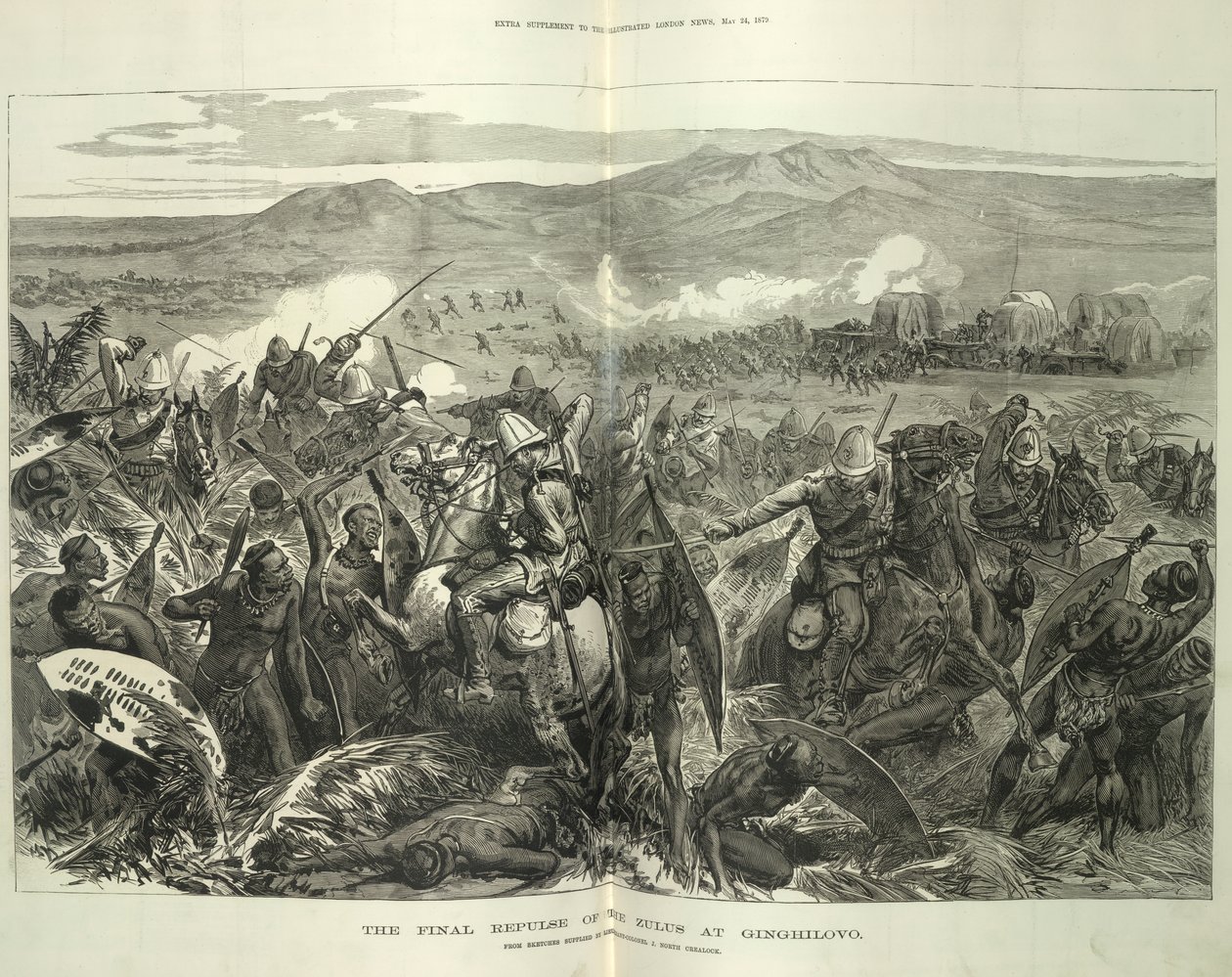 A zuluk végső visszaszorítása Ginghilovóban, J. North Crealock alezredes vázlatai alapján. Illusztráció a „The Illustrated London News”-ból, 1879. május 24. (litho) alkotó: English School