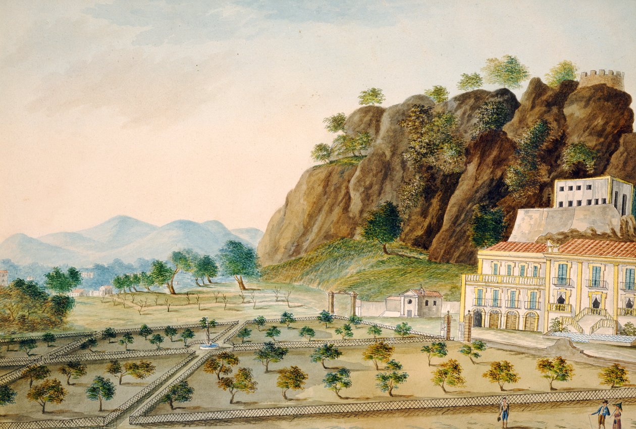 A formális kert a La Favorita-ban vagy a Palazzo Cinese-ben, Palermóban, IV. Fernando király számára, 1815 körül (wc papíron) alkotó: English School