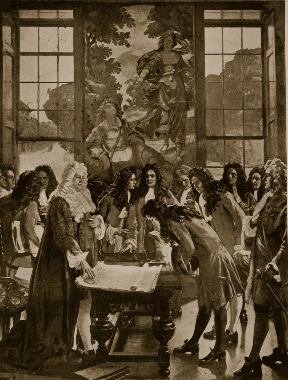 A Bank of England megalapítása, 1694, illusztráció a Hutchinsons Story of the British Nationből, 1923 körül alkotó: English School