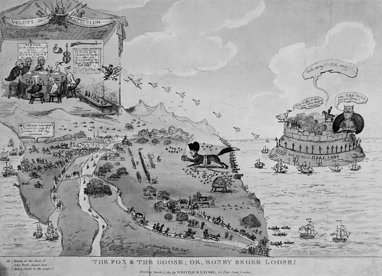 A róka és a liba, az Elbáról szökő Napóleon (1769-1861) karikatúrája, 1815 alkotó: English School
