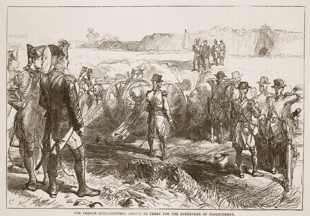 A francia biztosok Pondicherry átadásáért érkeznek, illusztrációja James Grant Cassells Illustrated History of India című könyvéből, pub. 1879 alkotó: English School