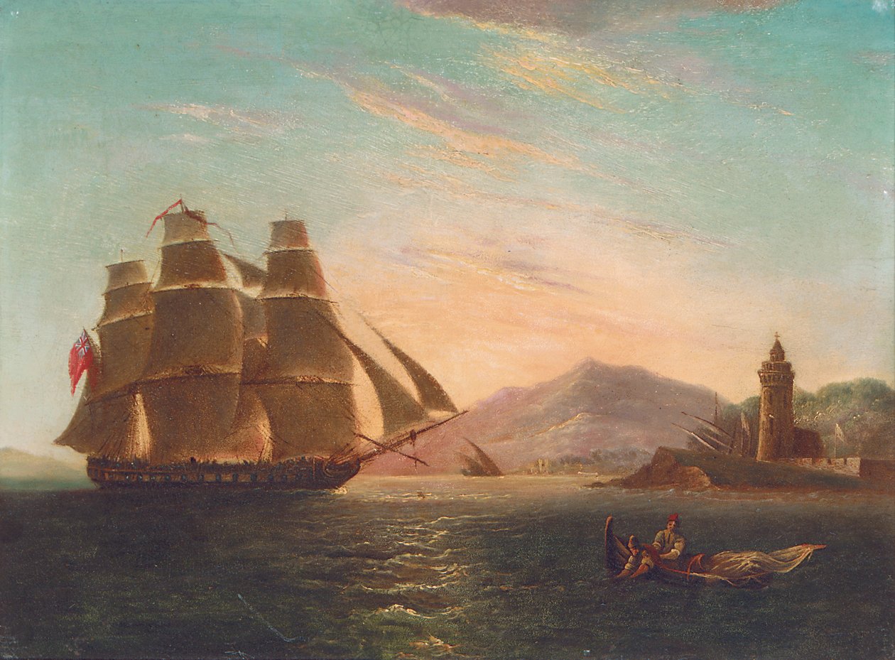 A fregatt HMS Pearl, 32 ágyú, belép Faroba, Messinába alkotó: English School