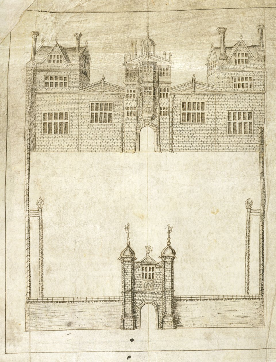 A Wilton-ház eleje, részlet az 1. Pembroke grófi földfelmérésből, 1566 (toll és tinta pergamen) alkotó: English School