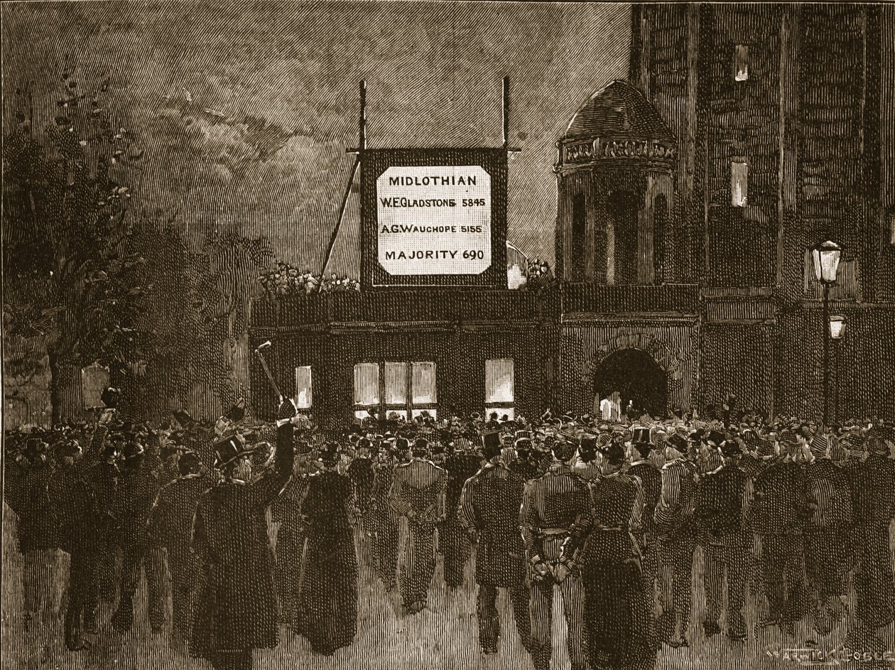 Az 1892-es általános választás: Eredményhirdetés a National Liberal Clubban, illusztráció a Cassells Illustrated History of Englandből (szépia fotó) alkotó: English School