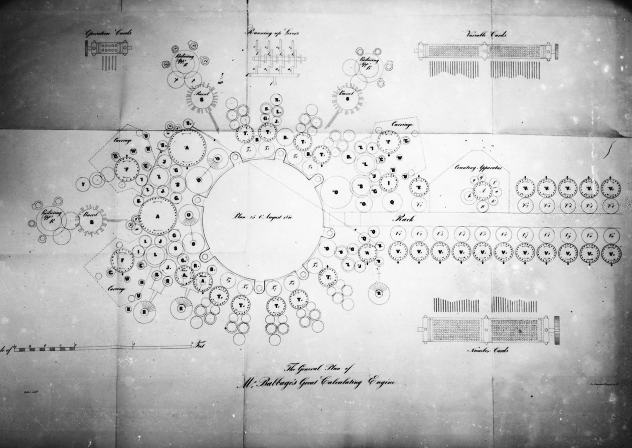 Babbages Nagy Számológép általános terve, Bolton gravírozása, Lemercier Bernard & Co. alkotó: English School