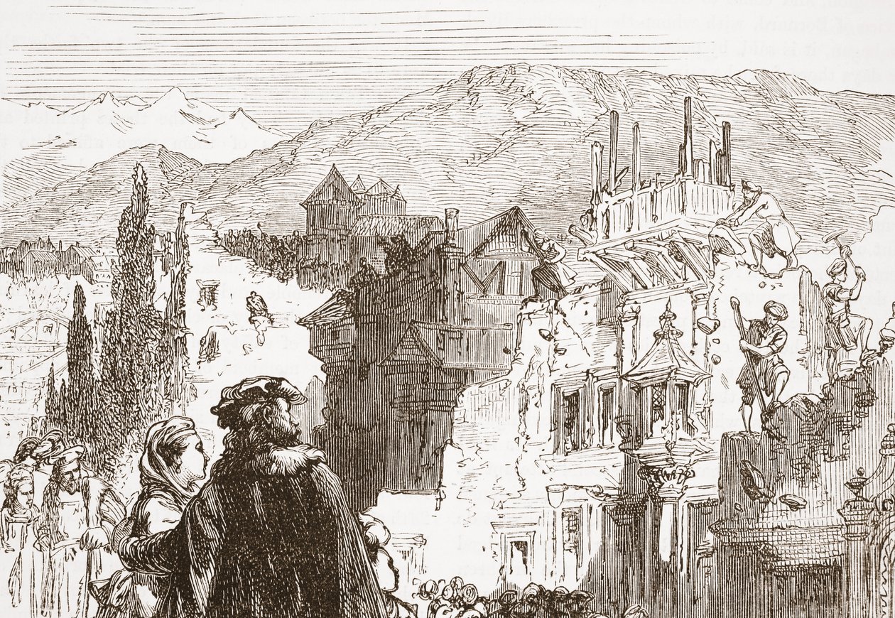 A genfiek elpusztítják városuk külvárosait, illusztráció: James Aitken Wylie (1808-1890) A protestantizmus története című könyvéből, pub. 1878 alkotó: English School