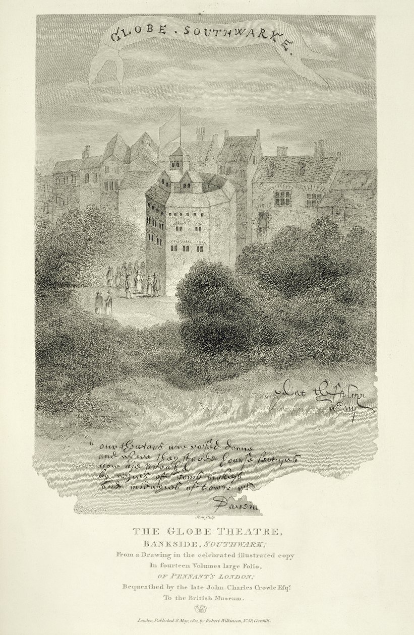 The Globe Theatre, Bankside, Southwark, a Pennants London rajza alapján, először 1793-ban jelent meg, metszett James Stow (kb. 1770-1820), megjelent 1812-ben alkotó: English School