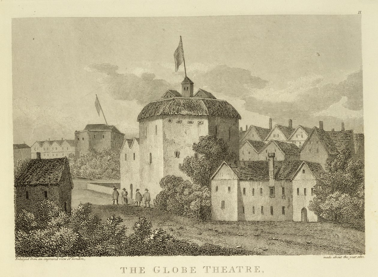 A Globe Theatre on the Bankside, ahogyan I. Jakab (1566-1625) uralkodása alatt megjelent, egy 1612 körüli metszet után, amelyet 1810-ben adtak ki. alkotó: English School