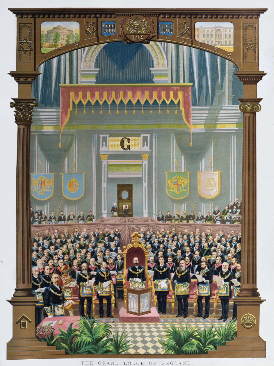 Az angliai nagypáholy megszavazza a jubileumi üdvözlő beszédet Viktória királynőnek a londoni Albert Hallban, 1887. június 13-án alkotó: English School