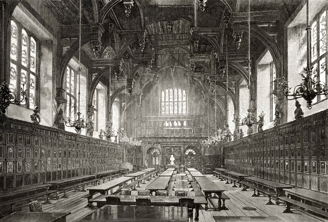 A Középső Templom nagyterme, a „Londoni képek: tollal és ceruzával rajzolva” című művéből, Richard Lovett tiszteletestől, 1890-ben alkotó: English School