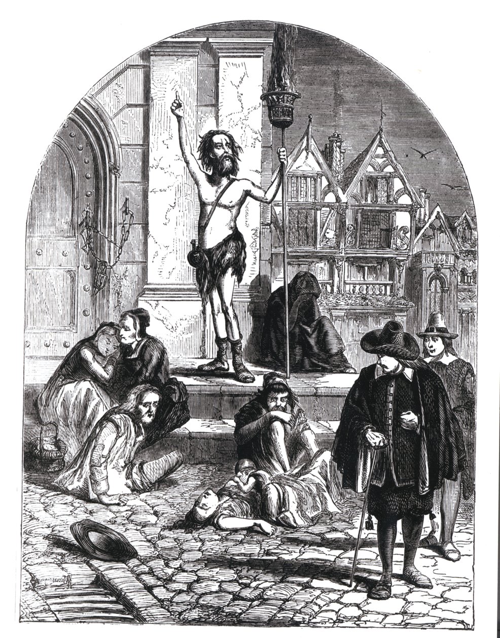 Az 1665-ös nagy pestisjárvány, a Londont elítélő lelkes (metszet) (bw fotó) alkotó: English School