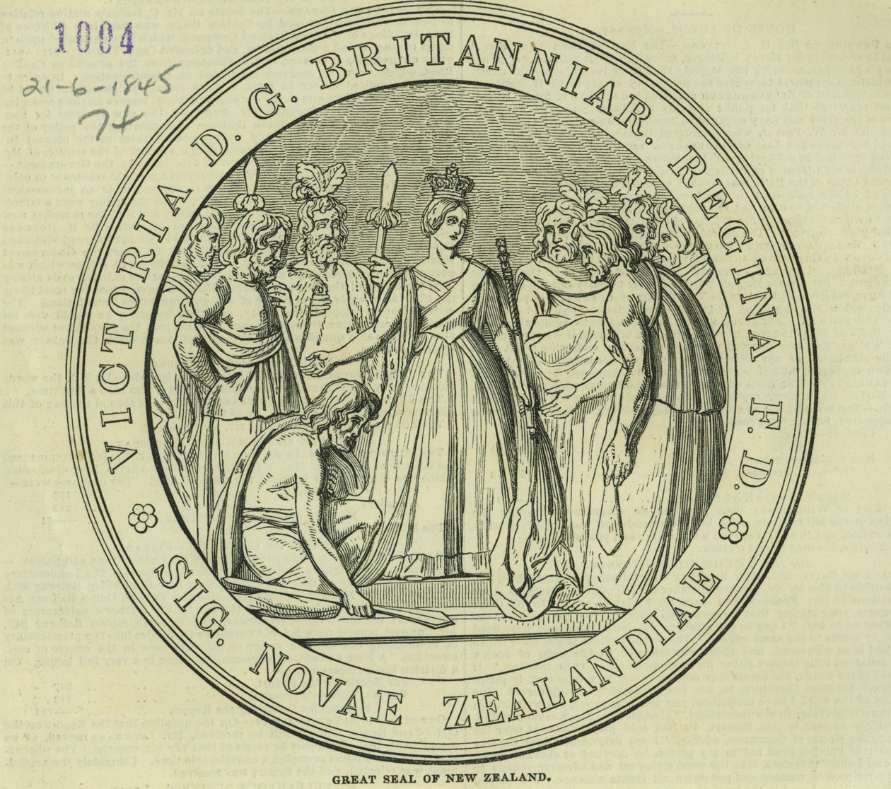 Új-Zéland nagy pecsétje, a The Illustrated London Newsból, 1845. június 21. alkotó: English School