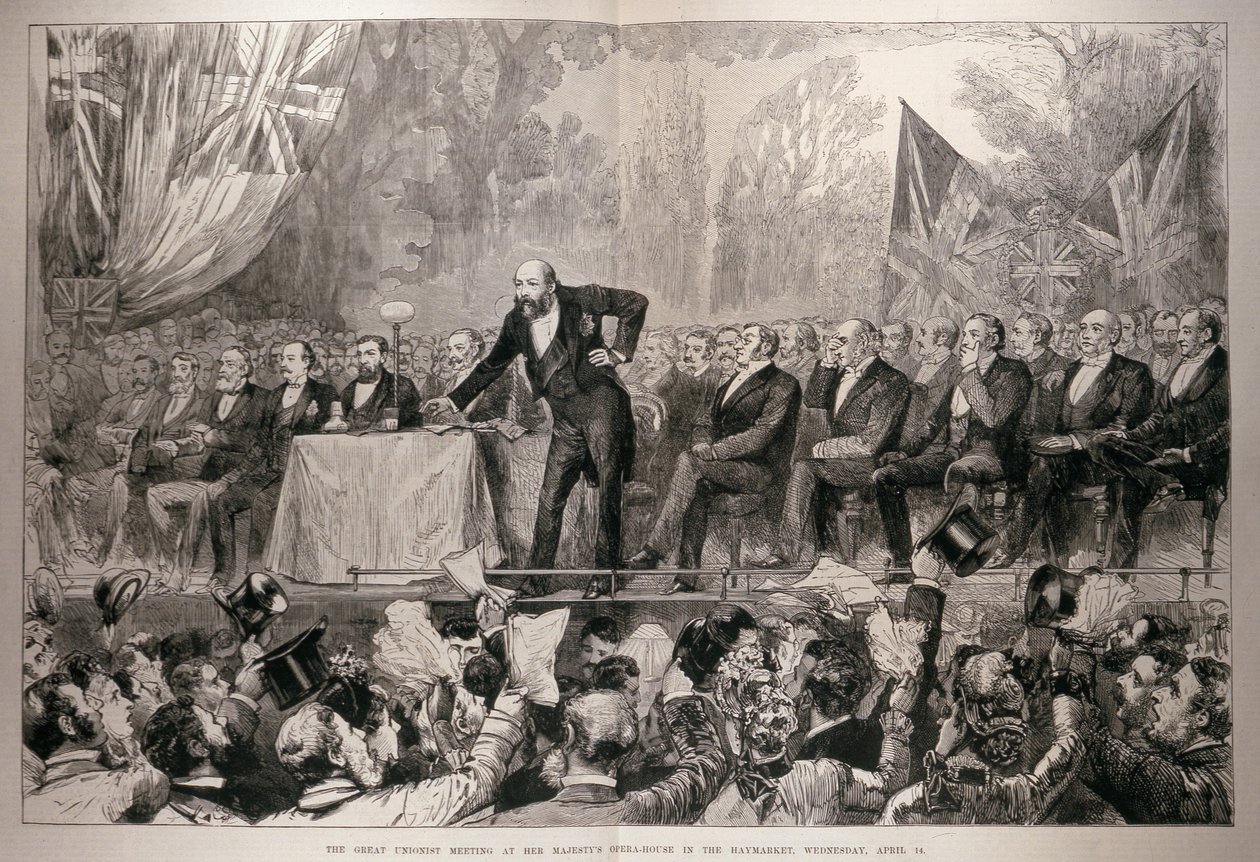 A Nagy Unionista Találkozó Őfelsége Operaházában a Haymarketben, április 14-én, szerdán, a The Illustrated London News-ból, 1886. április 24. alkotó: English School
