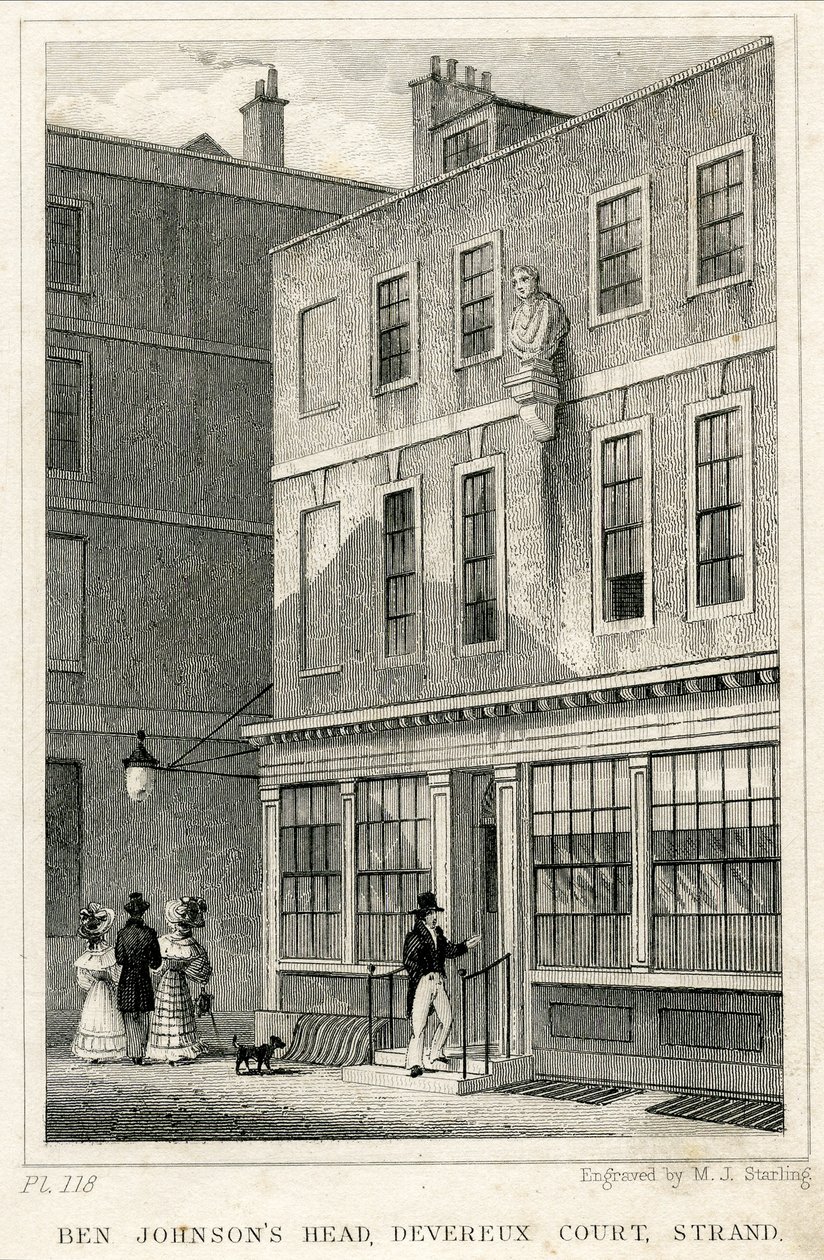 The Grecian Coffee House, Devereux Court, Strand, Ben Johnson mellszobrával (metszet) alkotó: English School