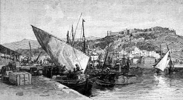 The Harbour, Malaga, Spanyolország, a „The Picturesque Mediterranean” 3. kötetéből, kiadó: Cassell and Co. Ltd. alkotó: English School