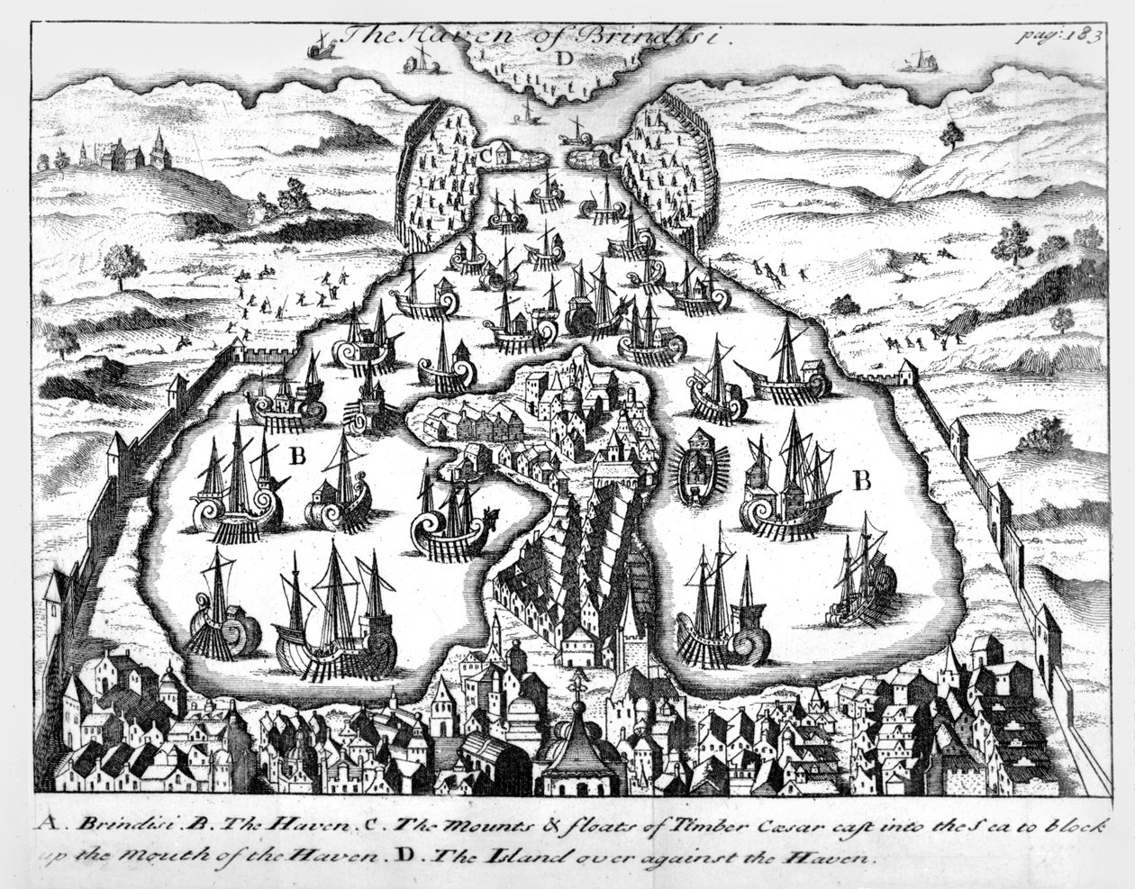 A Brindisi kikötője, illusztráció „Julius Caesar galliai háborúiról és a Pompeius elleni polgárháborúról írt kommentárjaihoz”, amelyet Martin Bladen angolra fordított, 1706-ban jelent meg. alkotó: English School
