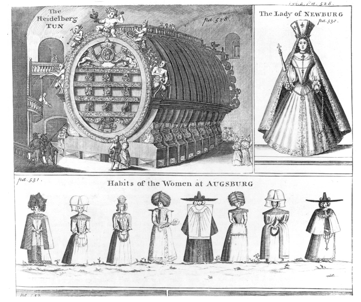 A Heidelberg Tun, The Lady of Newburg és A Habits of the Women of Augsburg, a Missons Nouveau voyage dItalie-ból, a Navigantium atque Itinerantium Bibliotheca, Harris, átdolgozott kiadás, 174 alkotó: English School