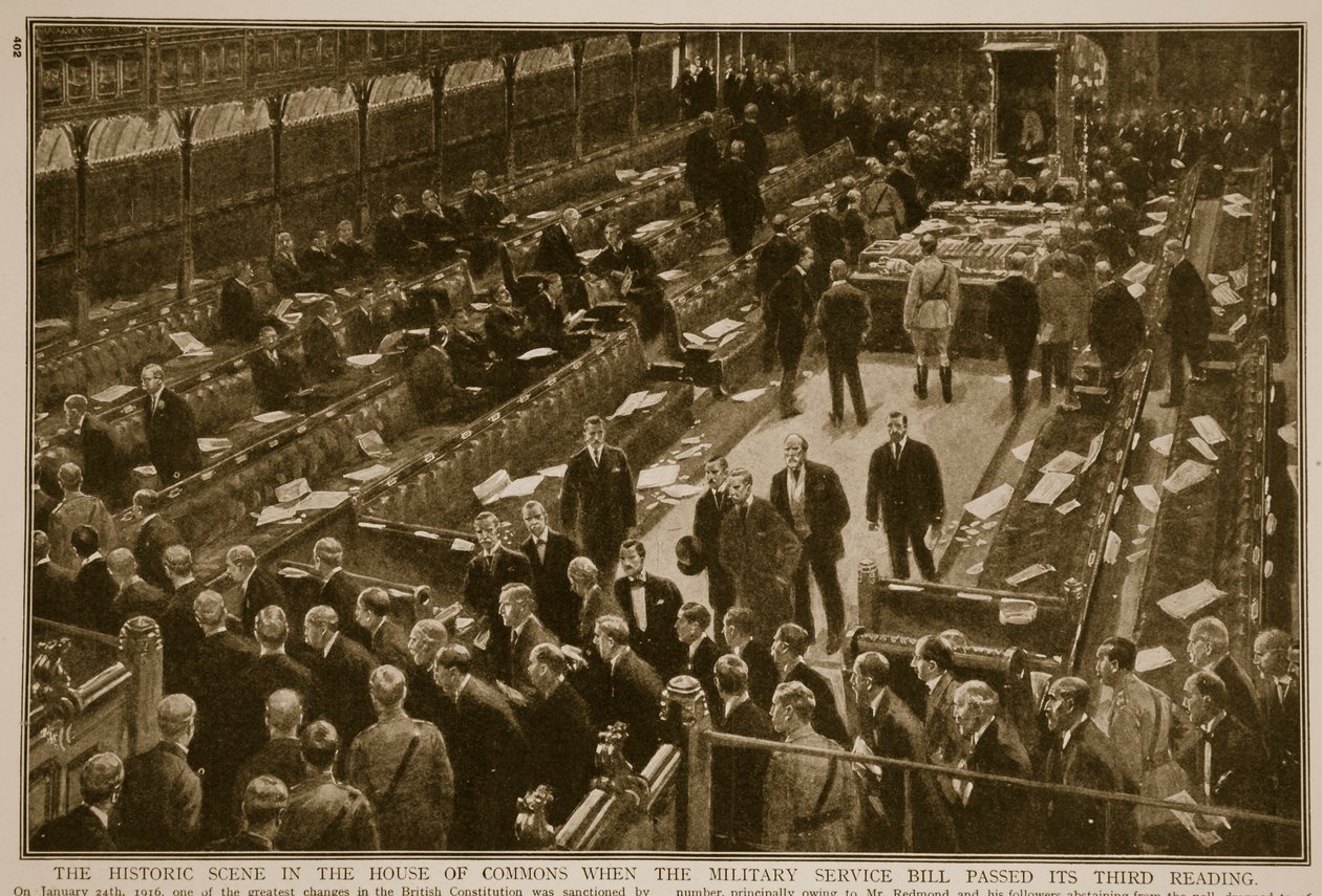 Történelmi jelenet az alsóházban, amikor a katonai szolgálatról szóló törvényjavaslat harmadik olvasatán, 1914-1919 alkotó: English School