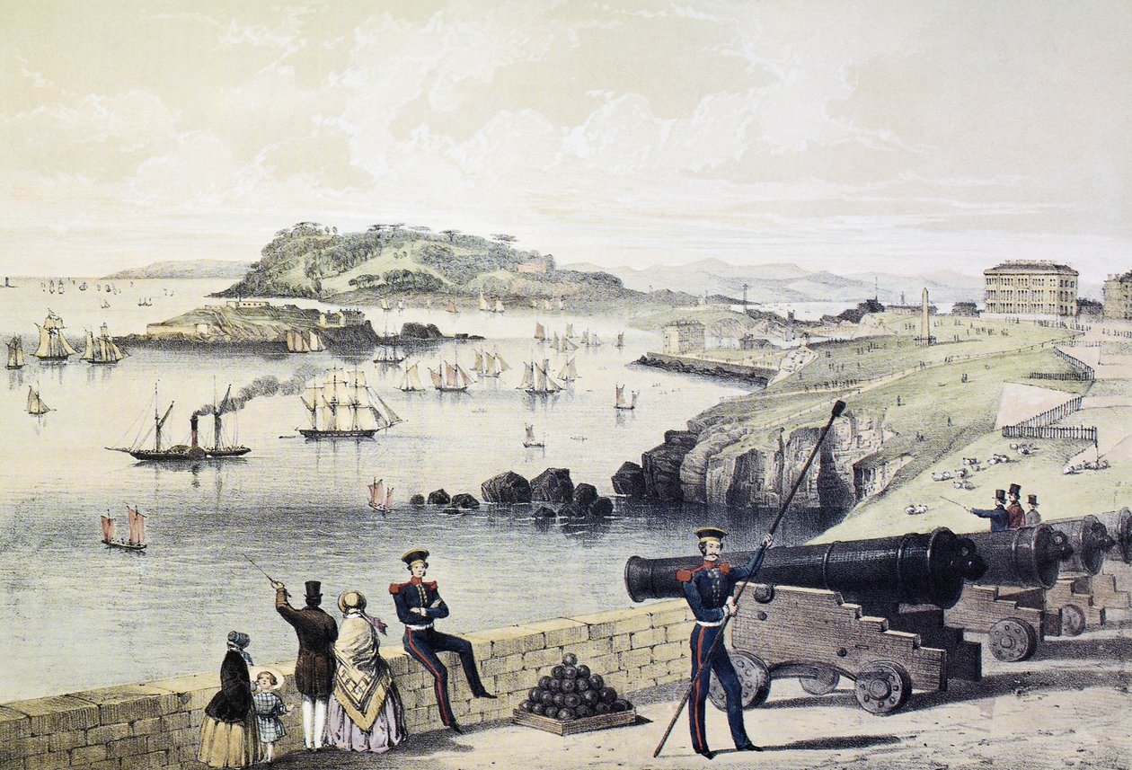 The Hoe, Drakes Island és Mt Edgecumbe a Citadellából, a Newman und Co. alkotó: English School
