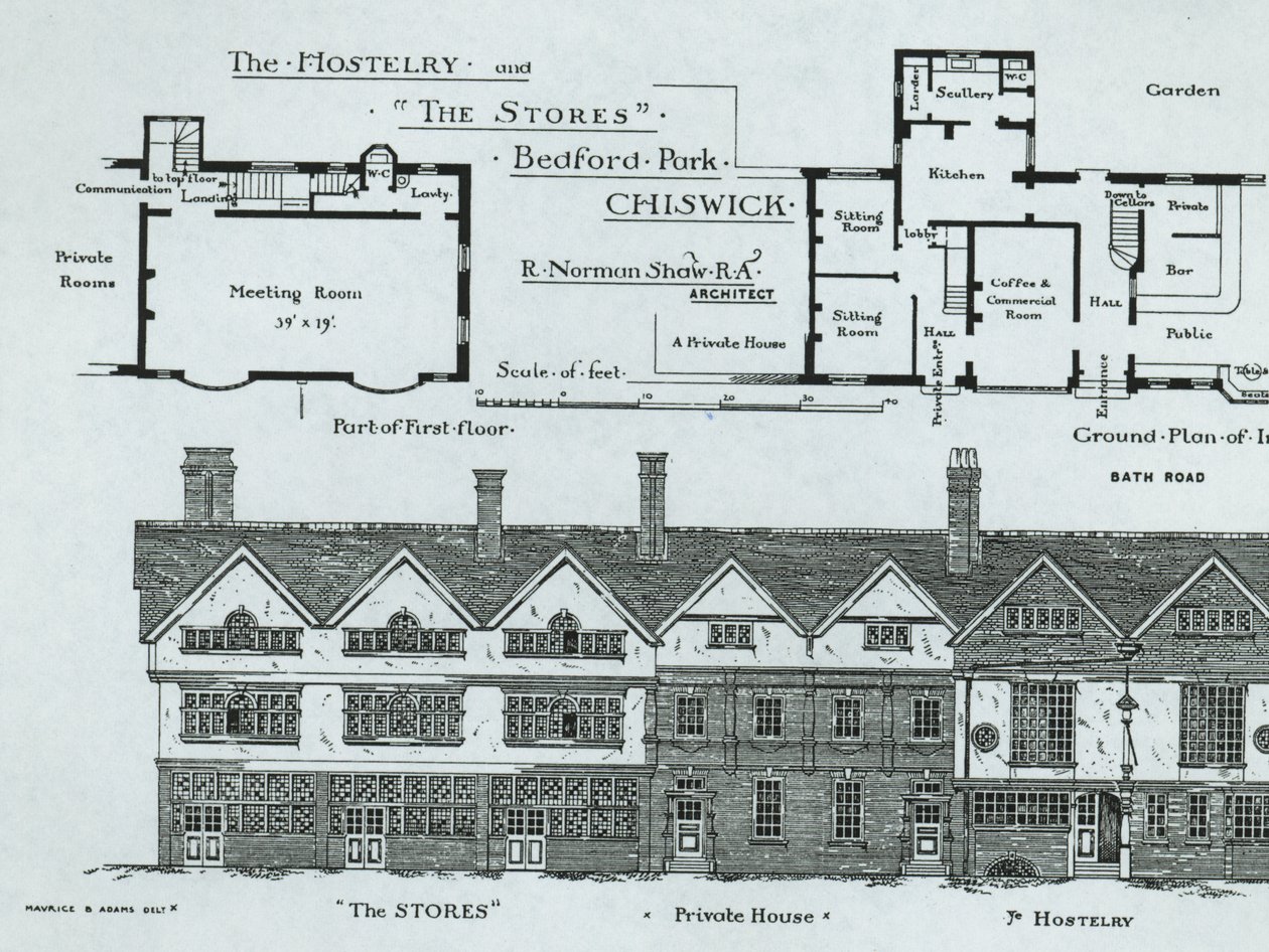 The Hostelry and The Stores, Bedford Park, Chiswick, The Building News, 1877 alkotó: English School