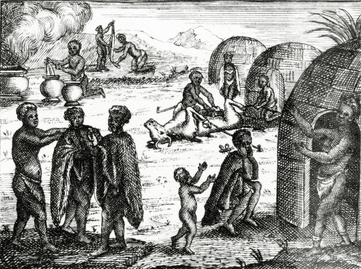 A hottentoták imádnak egy bizonyos rovart, illusztráció Peter Kolb 1731-ben megjelent „A Jóreménység fokának jelenlegi állapota” című művéből. alkotó: English School