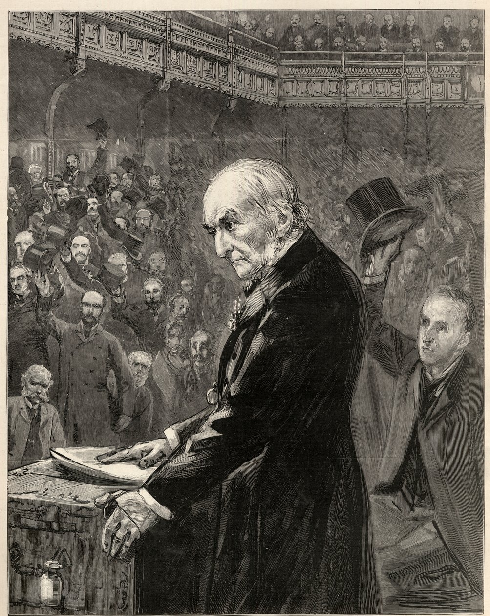 Az alsóház, 1893. február 13.: William Ewart Gladstone, liberális miniszterelnök bemutatja a második otthoni törvényjavaslatot. alkotó: English School
