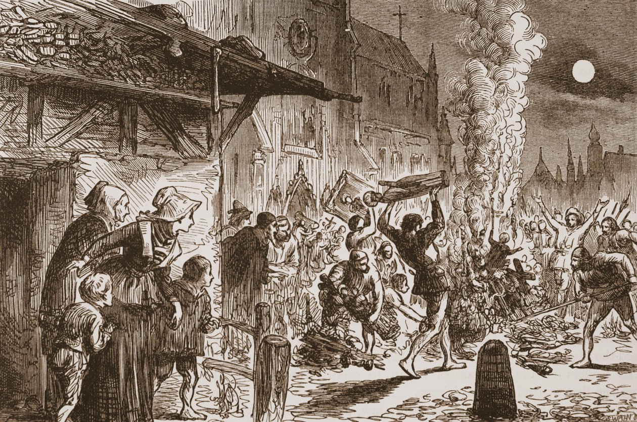 A bázeli ikonoklasztok képeket és bálványokat égetnek, illusztrációja James Aitken Wylie (1808-1890) A protestantizmus története című könyvéből, pub. 1878 alkotó: English School