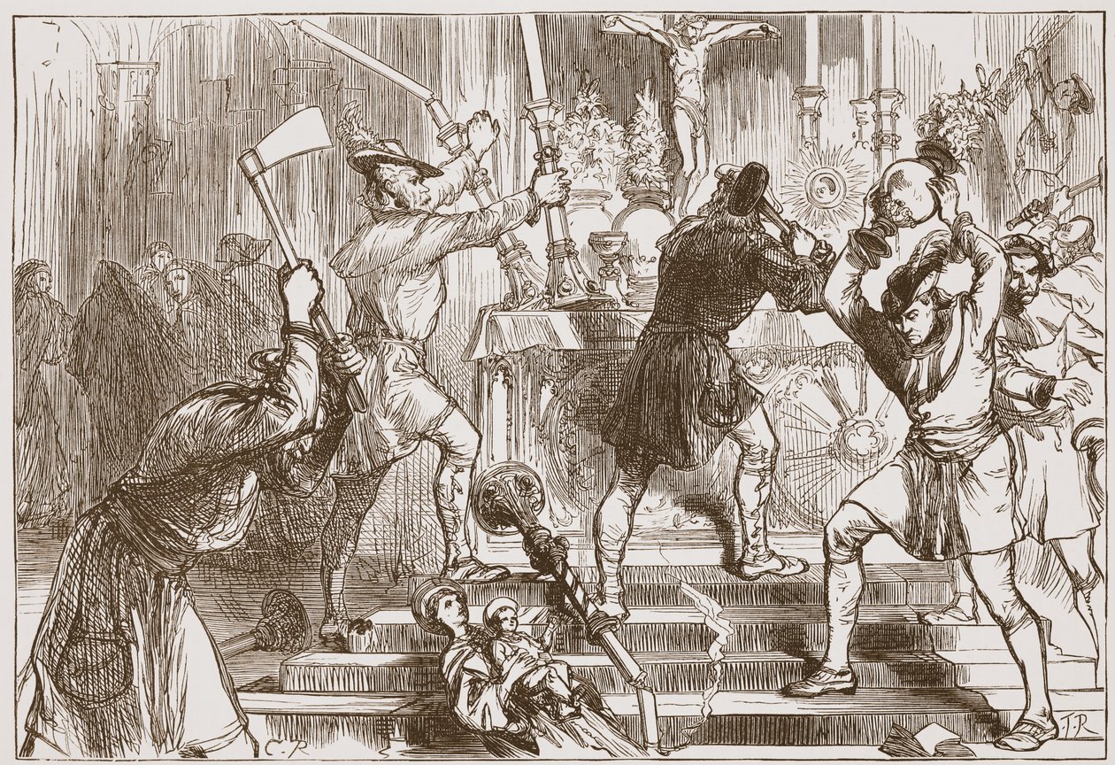 Az ikonoklasztok egy római katolikus templom képeit és oltárdíszeit rombolják, illusztráció James Aitken Wylie (1808-1890) „A protestantizmus története” című művéből, pub. 1878 (metszet) alkotó: English School
