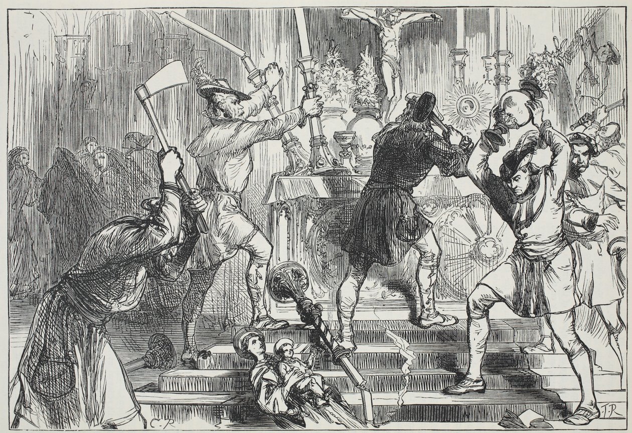 Egy római katolikus templom képeit és oltárdekorációit megsemmisítő ikonoklasztok, illusztráció: James Aitken Wylie (1808-1890) A protestantizmus története című könyvéből, pub. 1878 alkotó: English School