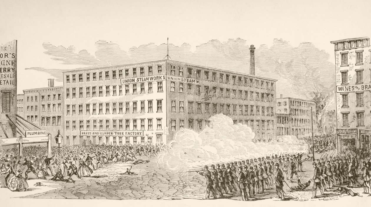 The Incident in Second Avenue during the New York Draft Riots in July 1863 (litho) alkotó: English School