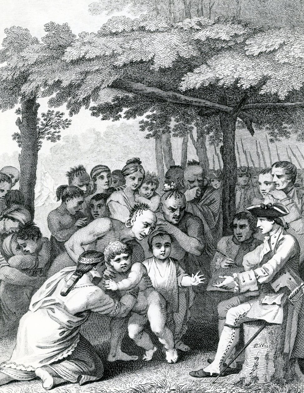 Az indiánok, akik átadják az angol foglyokat Bouquet ezredesnek, az észak-anericai Muskingham forks-i tábora közelében, Canot metszete, 1764 alkotó: English School