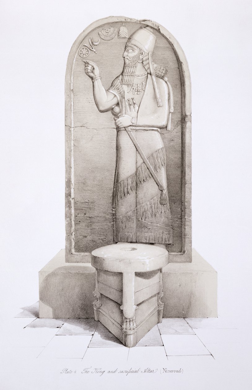 A király és áldozati oltár, Nimrud, 4. tábla Ninivéből és maradványai, Austen Henry Layard (1817-94) 1849-ben megjelent alkotó: English School