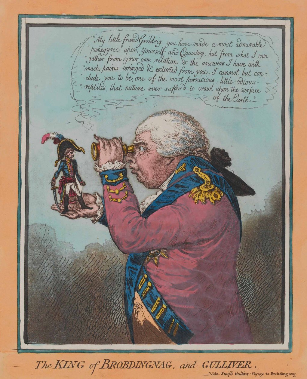 „Brobdingnag királya és Gulliver” (akvatinta, színes) alkotó: English School