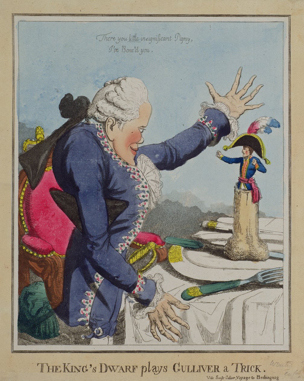 Williams „A király törpe Gullivert játssza el a trükköt”, megjelent 1803. október 18-án (metszet) alkotó: English School