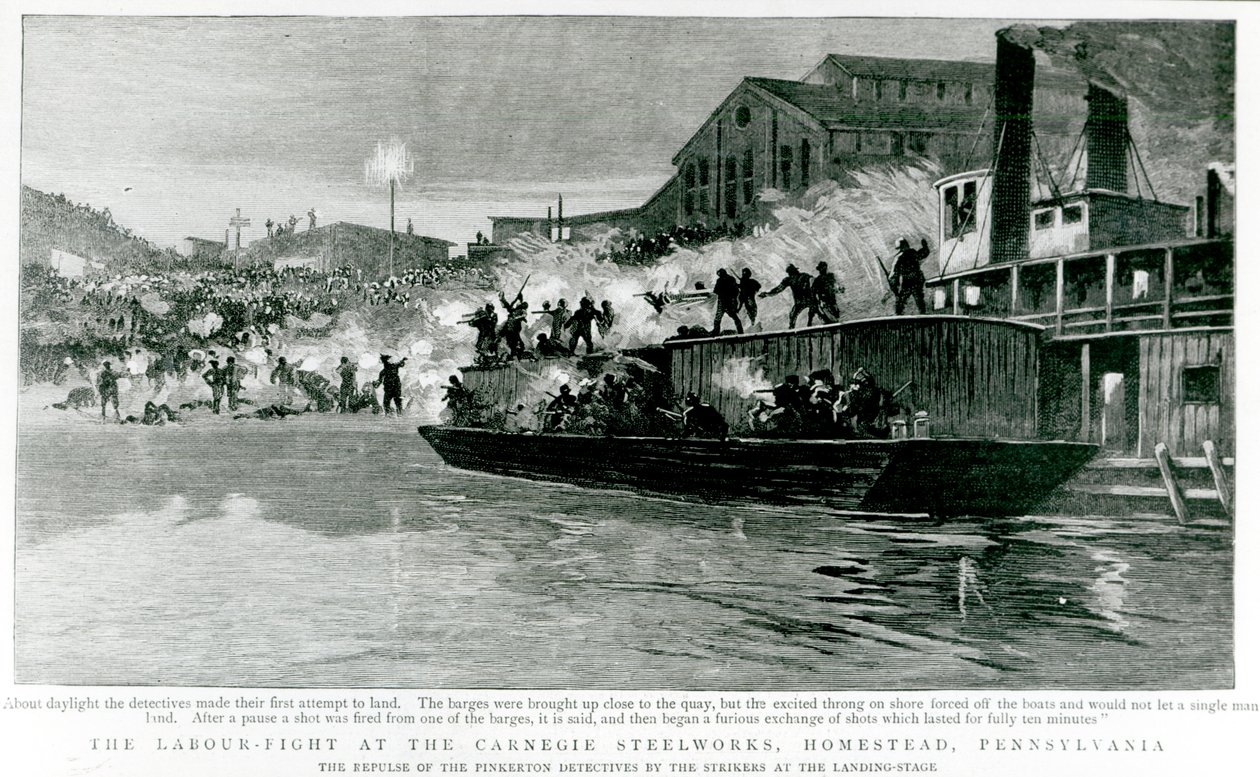 A munkásharc a Carnegie Steelworks-ben, Homestead, Pennsylvania, a „The Graphic”-ból, 1892. július 30. (litho) alkotó: English School