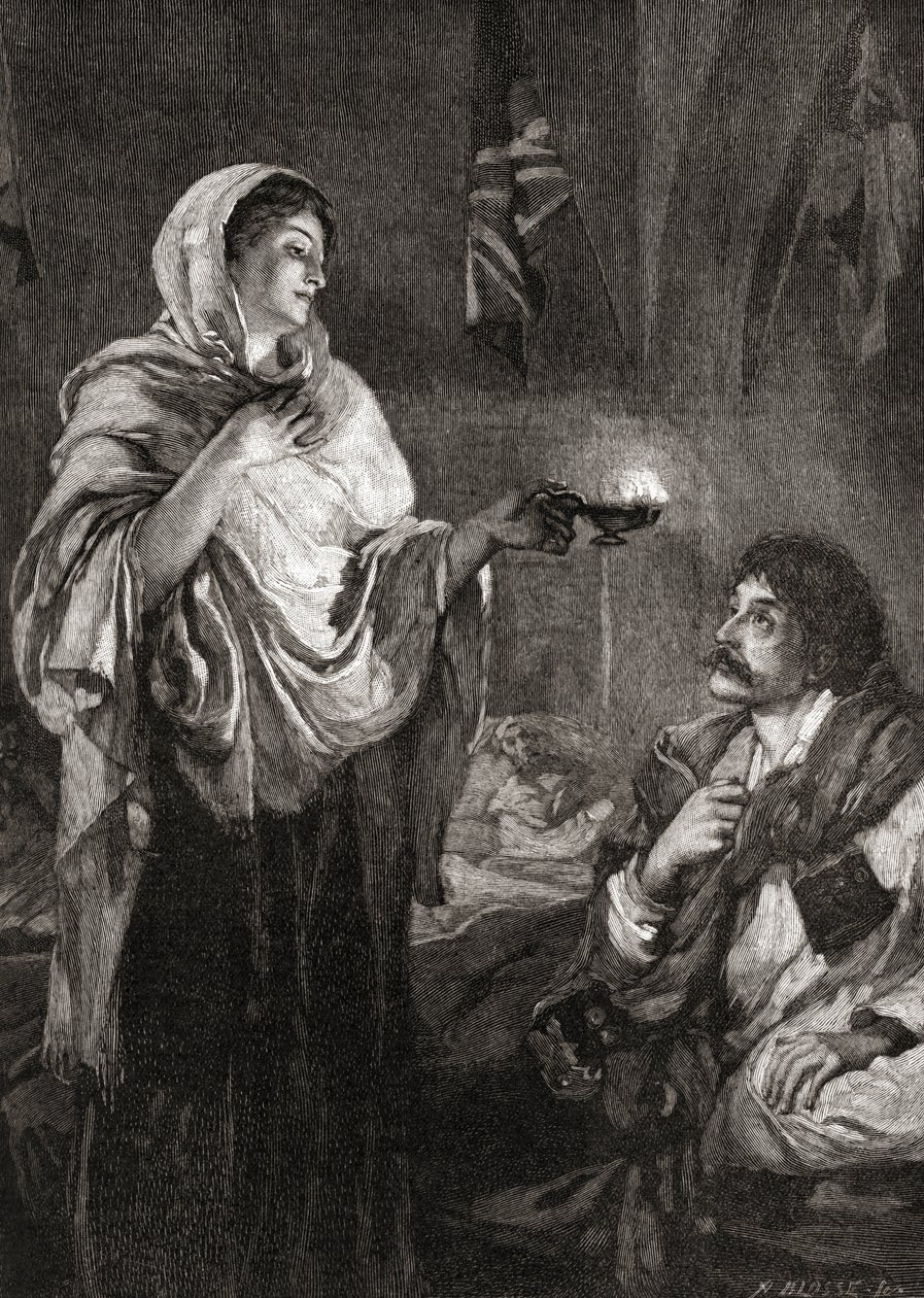 A lámpás hölgy: Florence Nightingale a törökországi Scutari laktanyában lévő kórházban a krími háború alatt. alkotó: English School