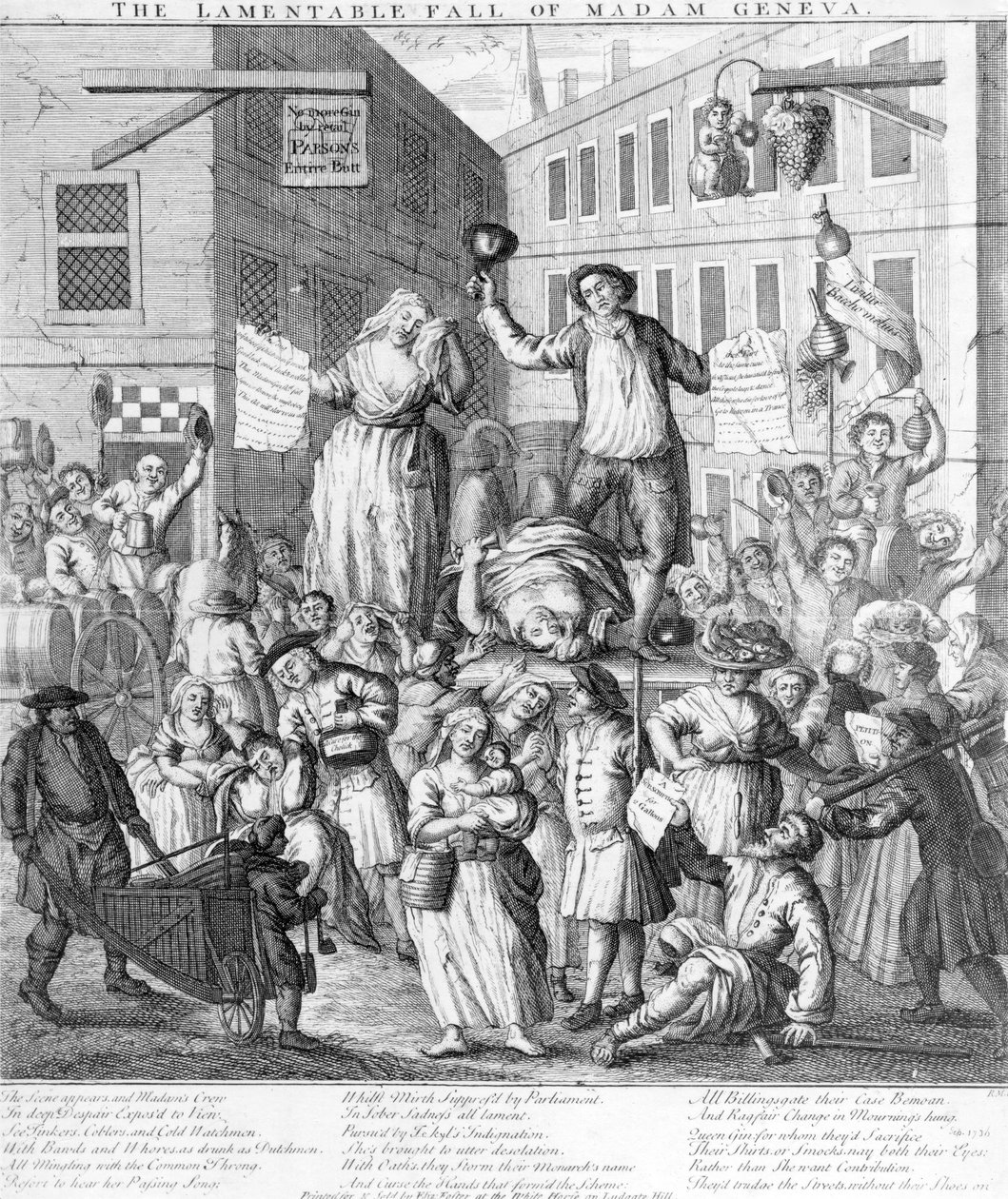 Madame Genf siralmas bukása, 1736 alkotó: English School