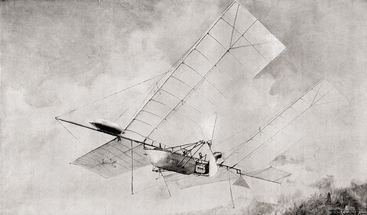 A Langley Aerodrome repülőgép repülés közben a 19. században. Az 1897-ben megjelent The Strand Magazine-ból. alkotó: English School