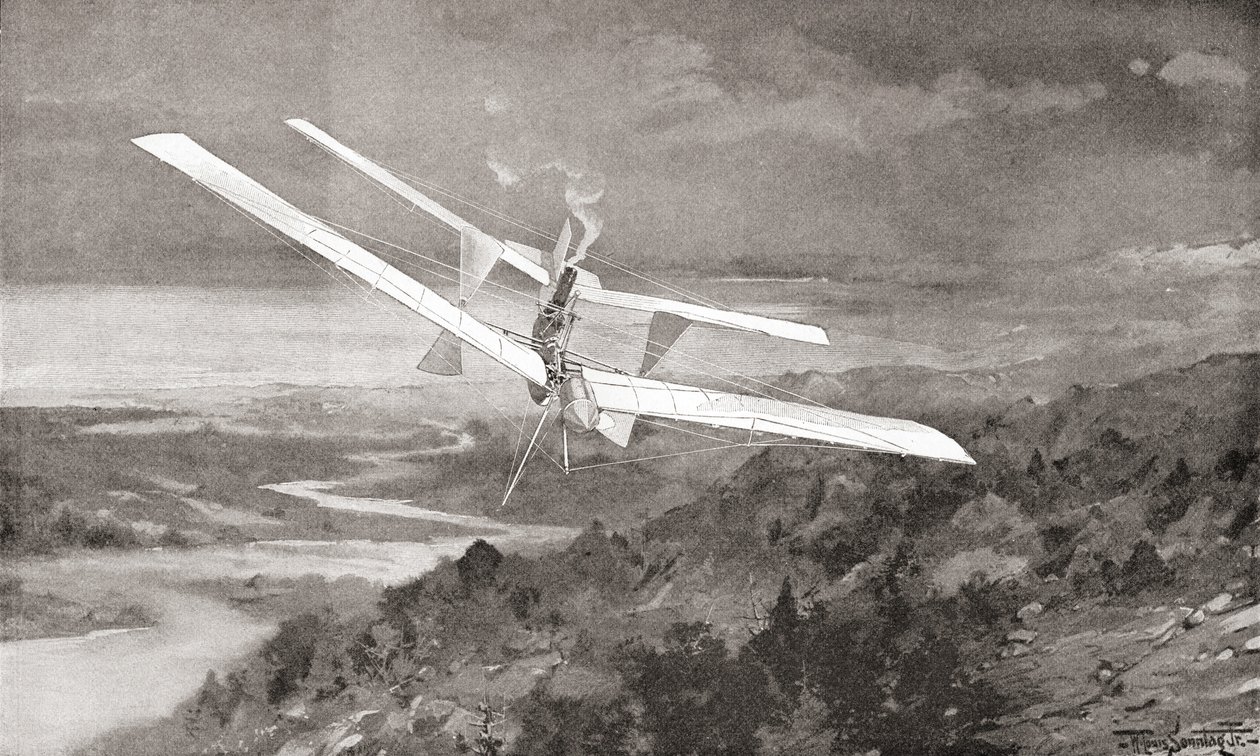 The Langley Aerodrome flying machine in flight in the 19th century. From The Strand Magazine published 1897. alkotó: English School