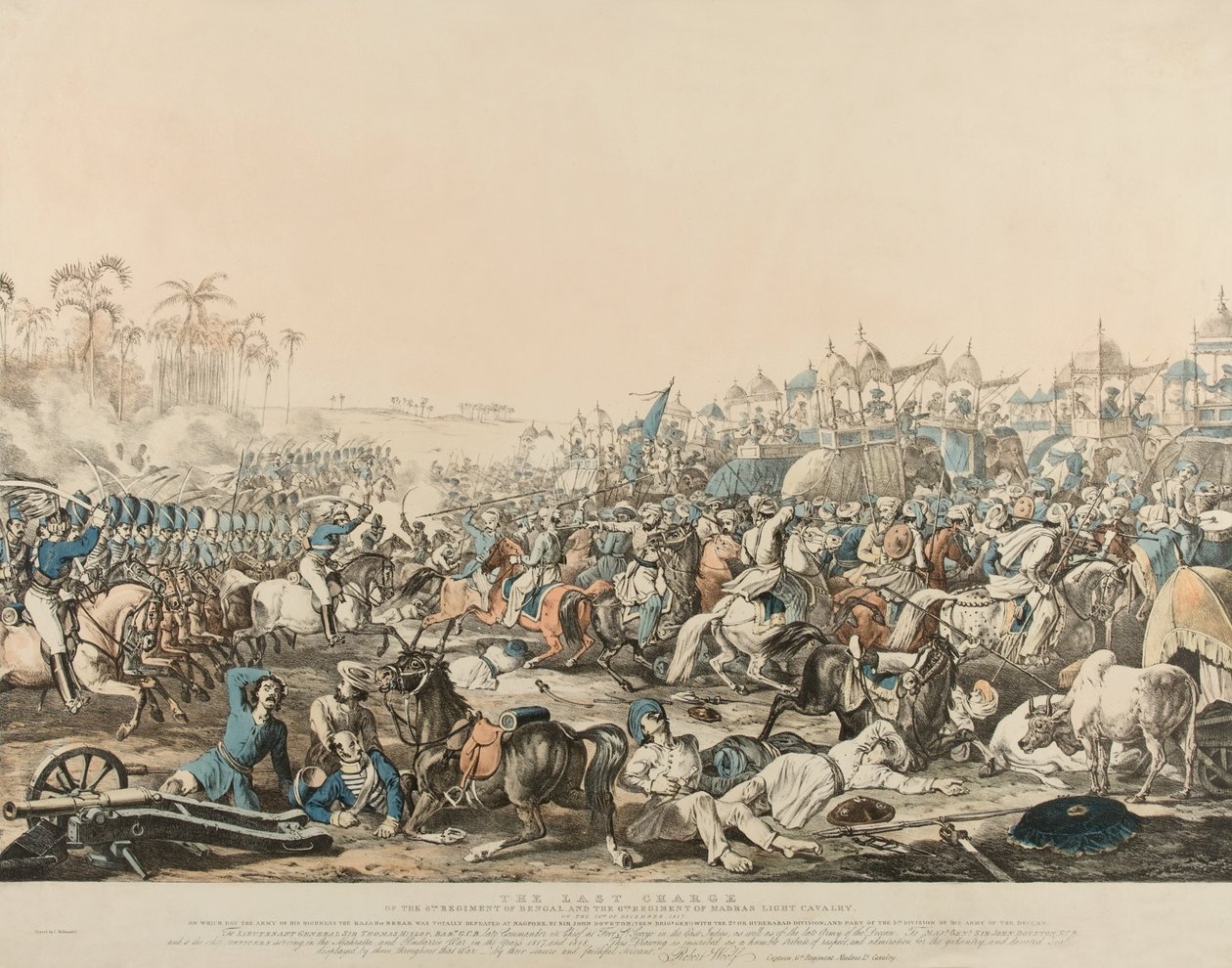 „A bengáli 6. ezred (sic) és a Madras könnyűlovasság 6. ezredének utolsó rohama 1817. december 16-án” (színes litó) alkotó: English School