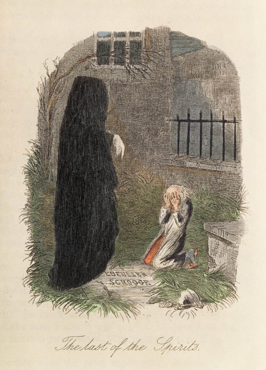 Az utolsó szellemek, Charles Dickens (1812-70) karácsonyi énekének illusztrációja, 1843 (színes metszet) alkotó: English School