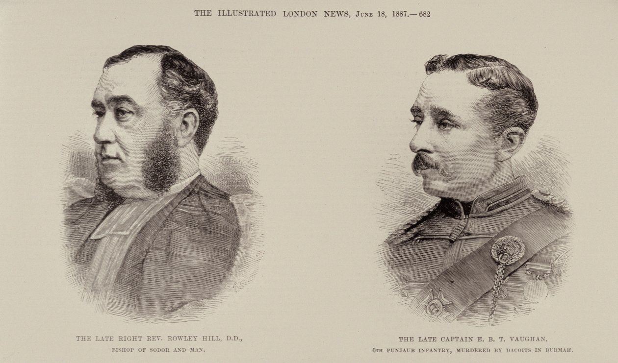 A néhai jobboldali tiszteletes Rowley Hill, Sodor és Man püspöke és E. B. T. Vaughan néhai kapitány, a 6. panjaub gyalogság, Dacoits gyilkolta meg Burmahban, a The Illustrated London Newsból, 1887. június 18. alkotó: English School